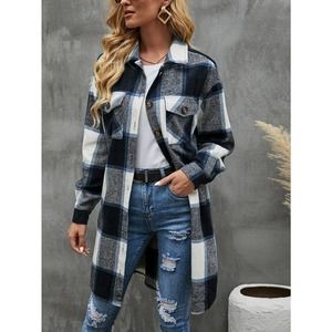 preppy Plaid boyfriend oversized trucker long shacket white blue